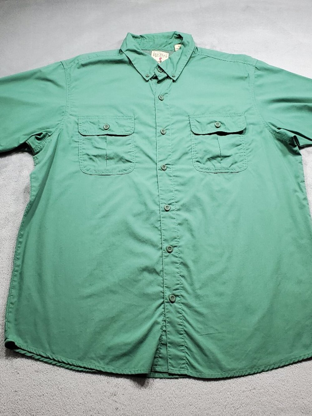 Red Head Short Sleeve Button Down Outdoor Breathable Shirt Dark Green Men Sz XL